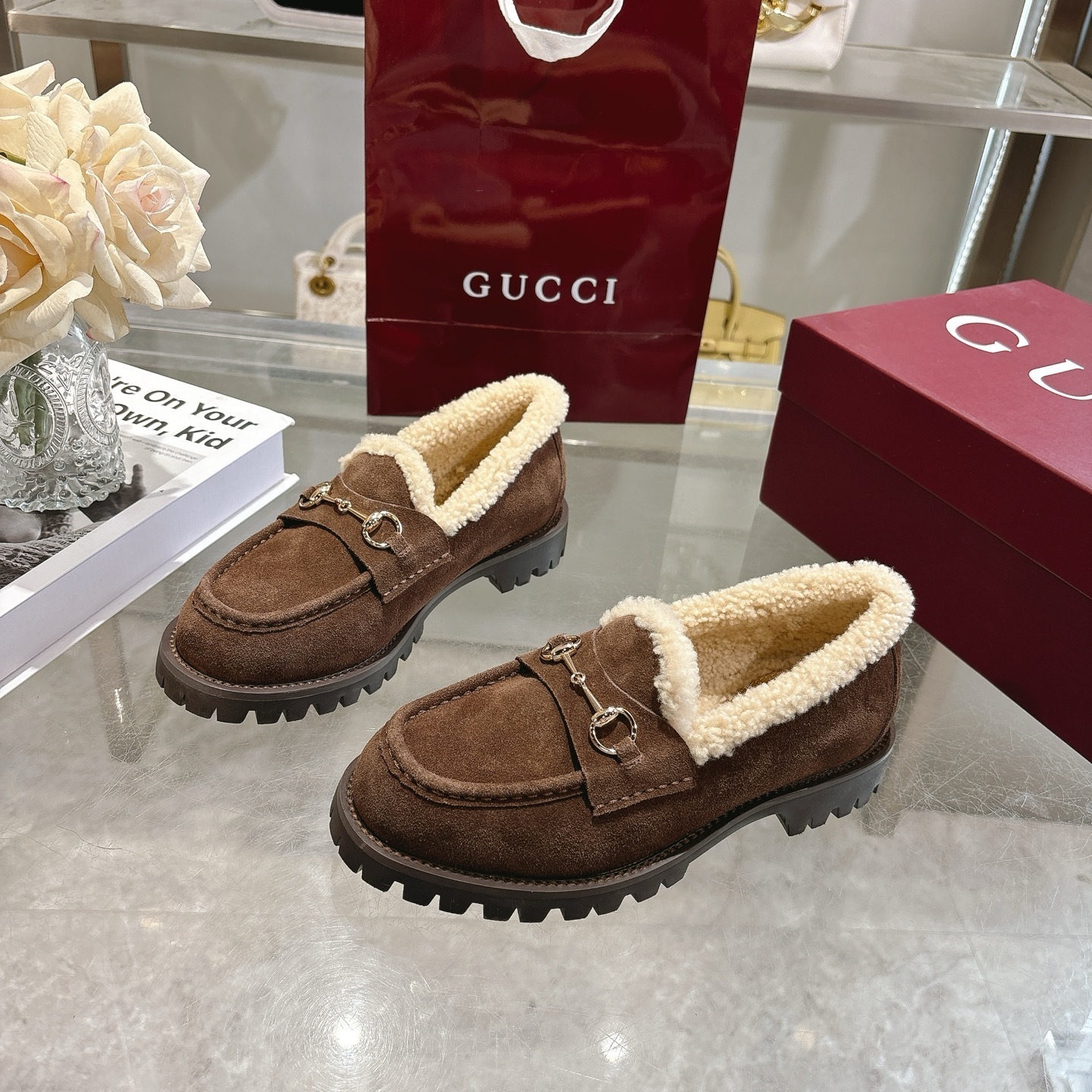 Gucci Brown Shearling Horsebit Lug Loafers - Image 3