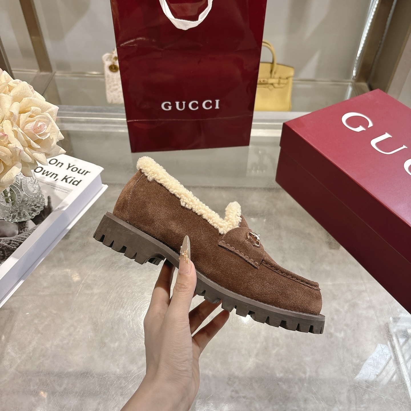 Gucci Brown Shearling Horsebit Lug Loafers - Image 5