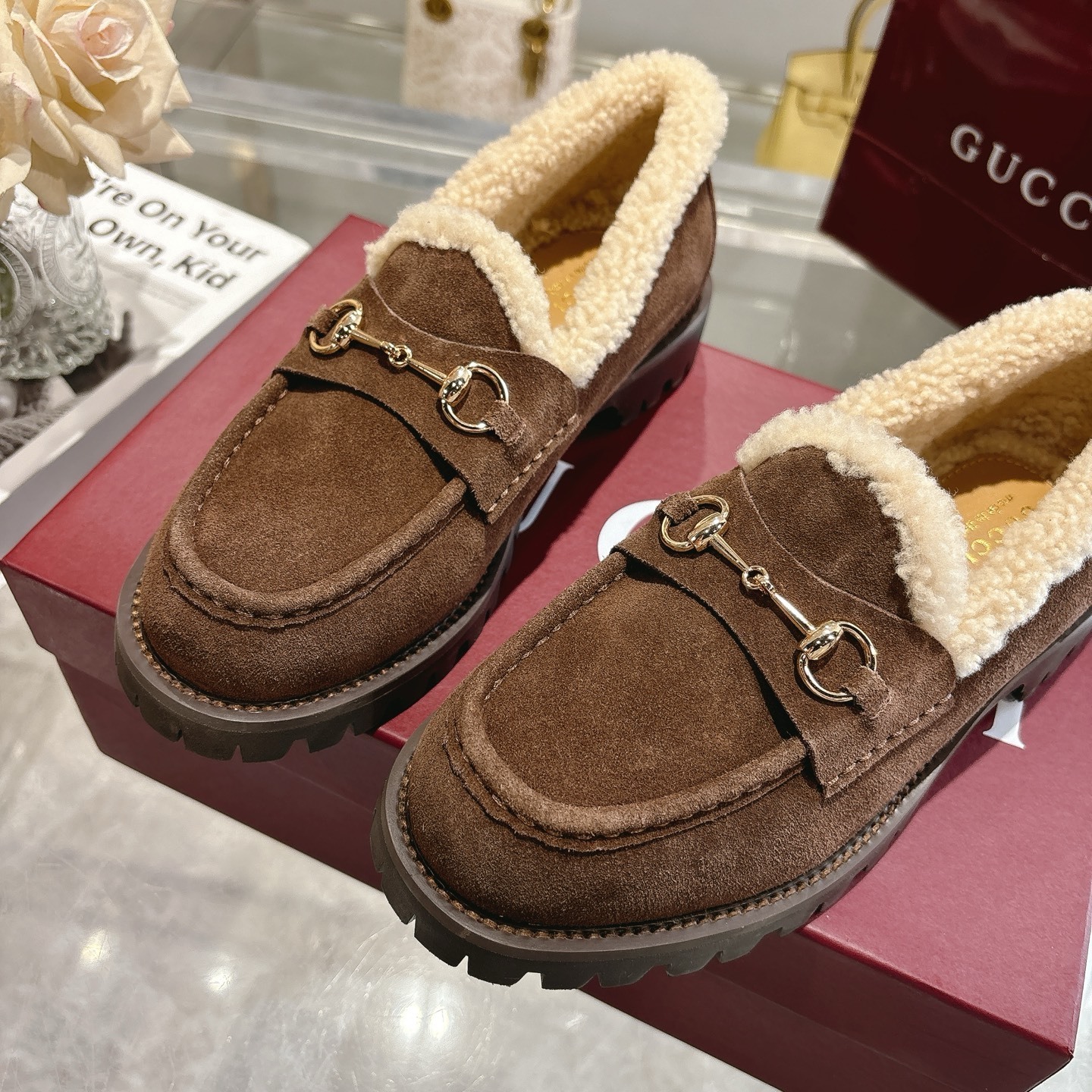 Gucci Brown Shearling Horsebit Lug Loafers - Image 7
