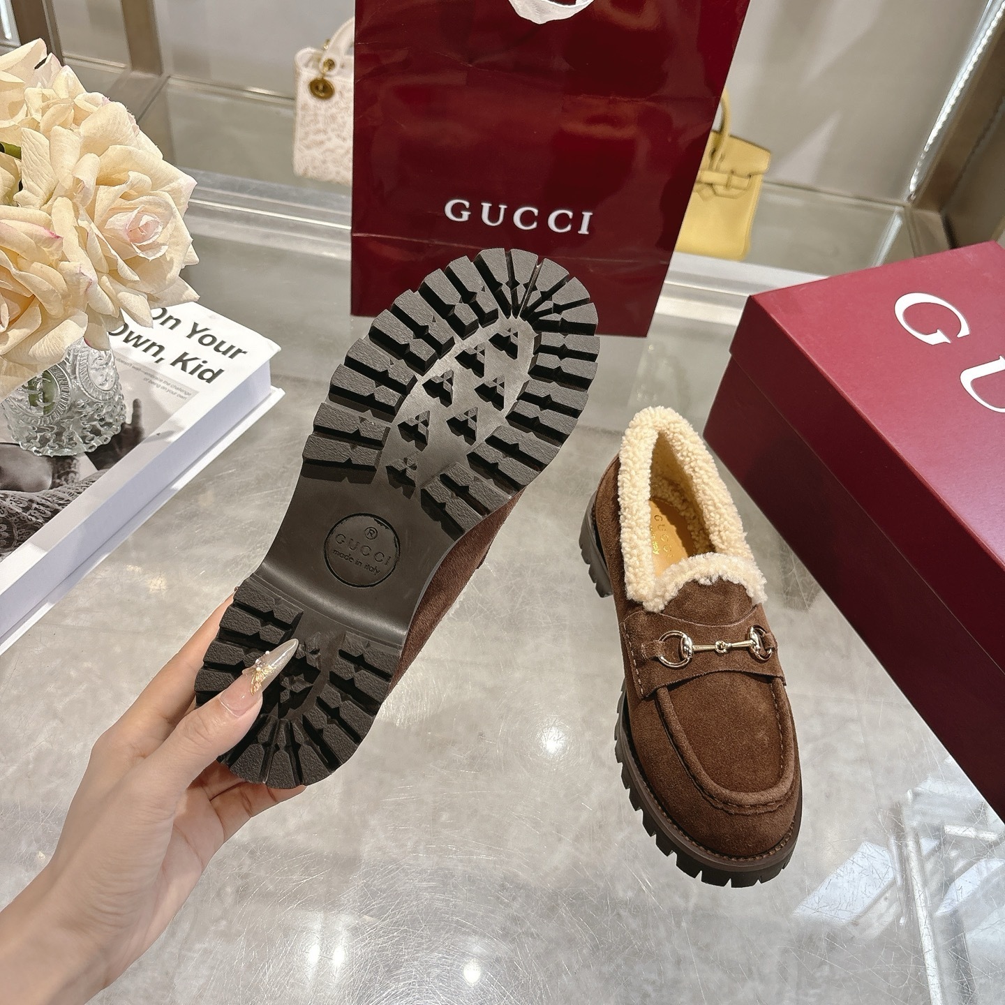 Gucci Brown Shearling Horsebit Lug Loafers - Image 8