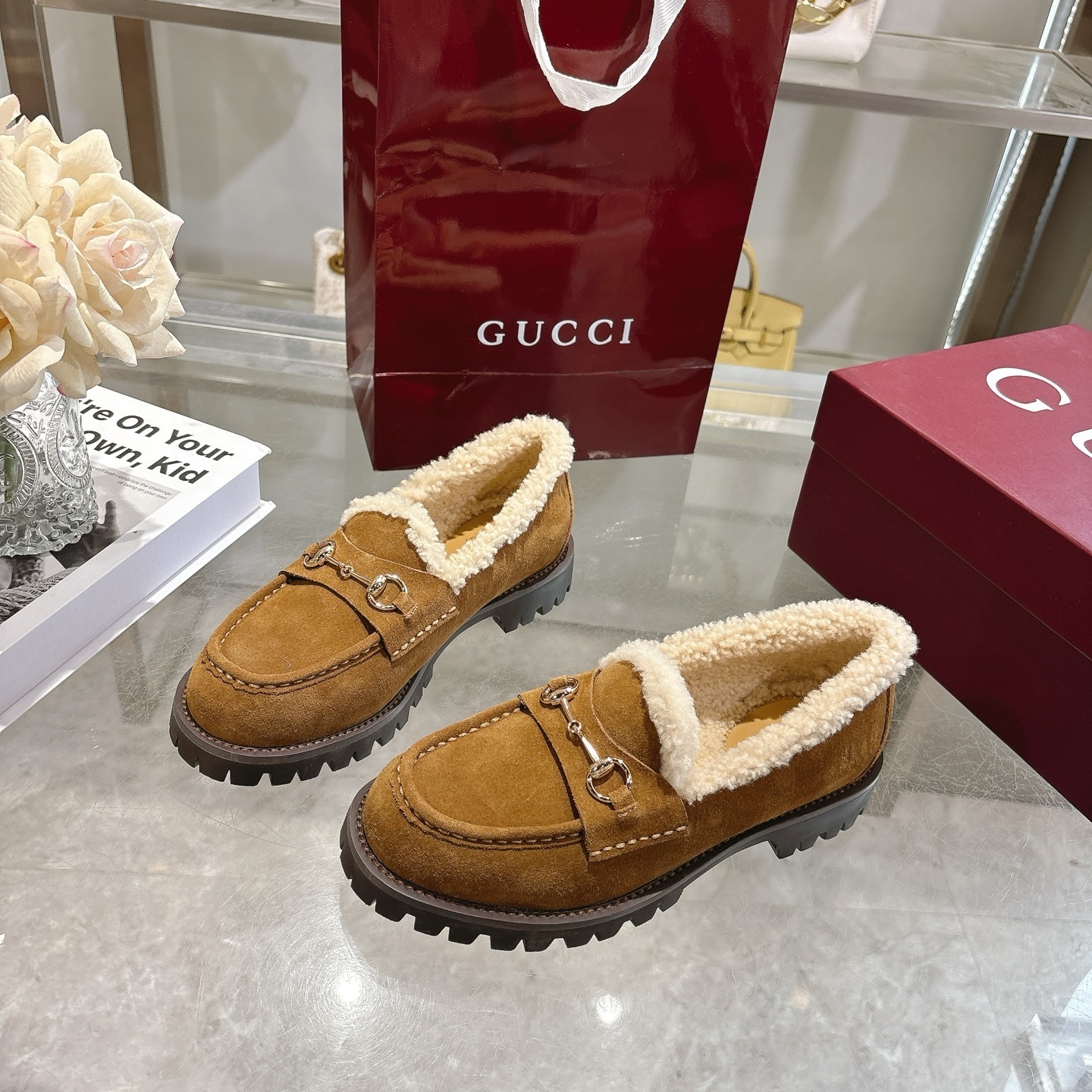 Gucci Camel Shearling Horsebit Lug Loafers