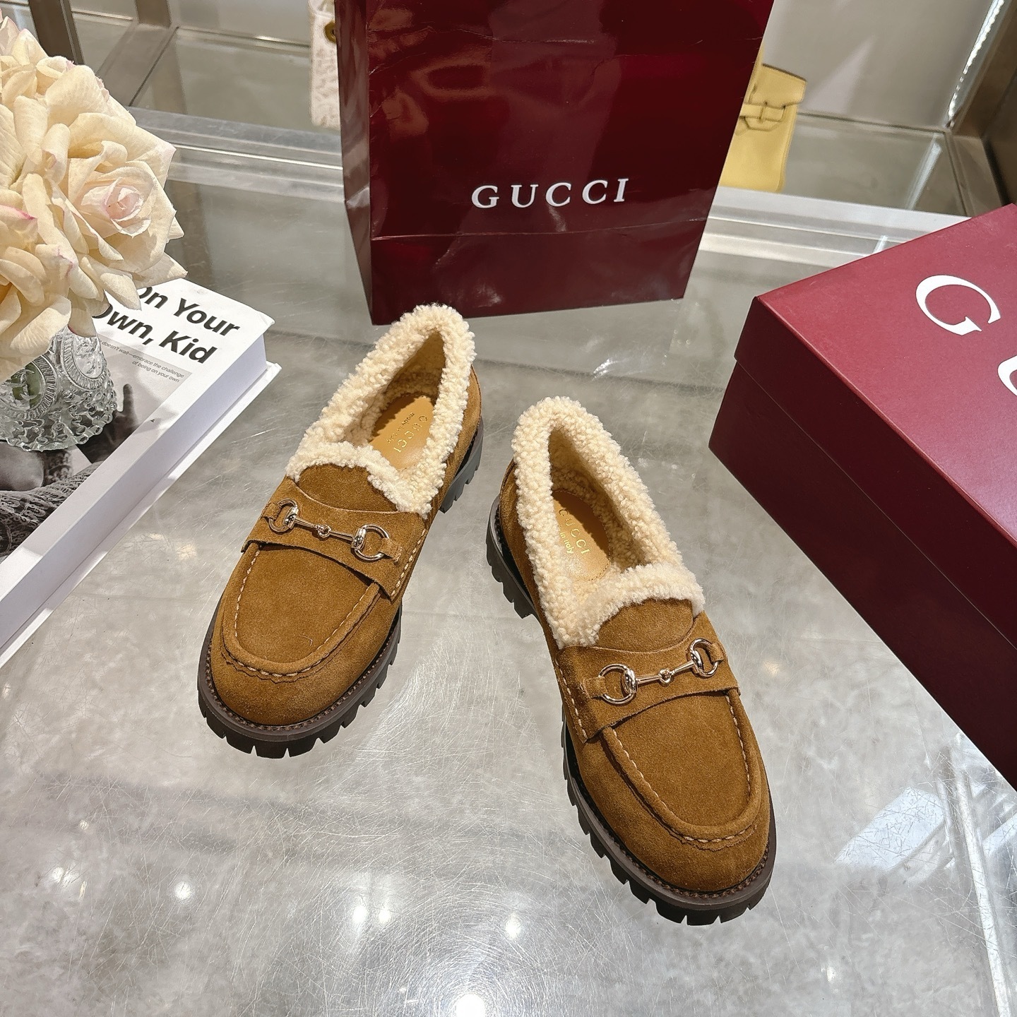 Gucci Camel Shearling Horsebit Lug Loafers - Image 8