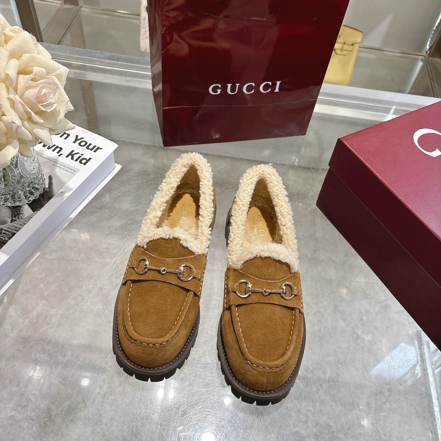 Gucci Camel Shearling Horsebit Lug Loafers - Image 9