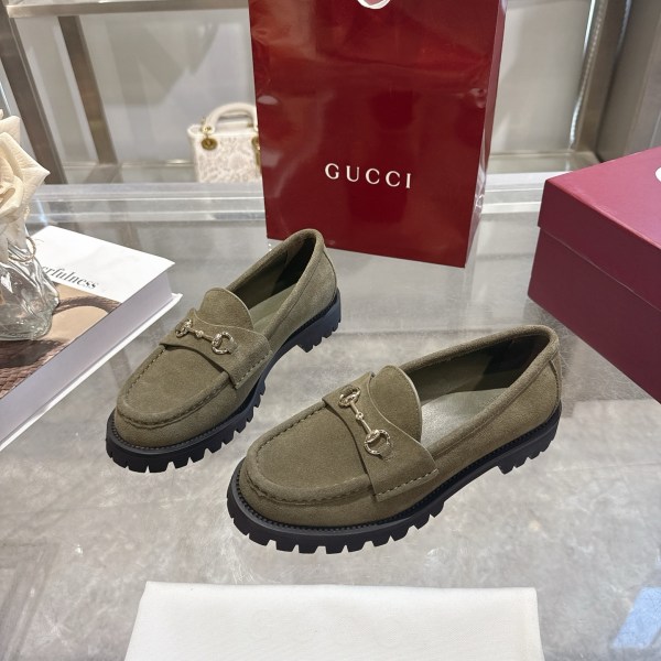 Gucci Olive Suede Lug-Sole Horsebit Loafers