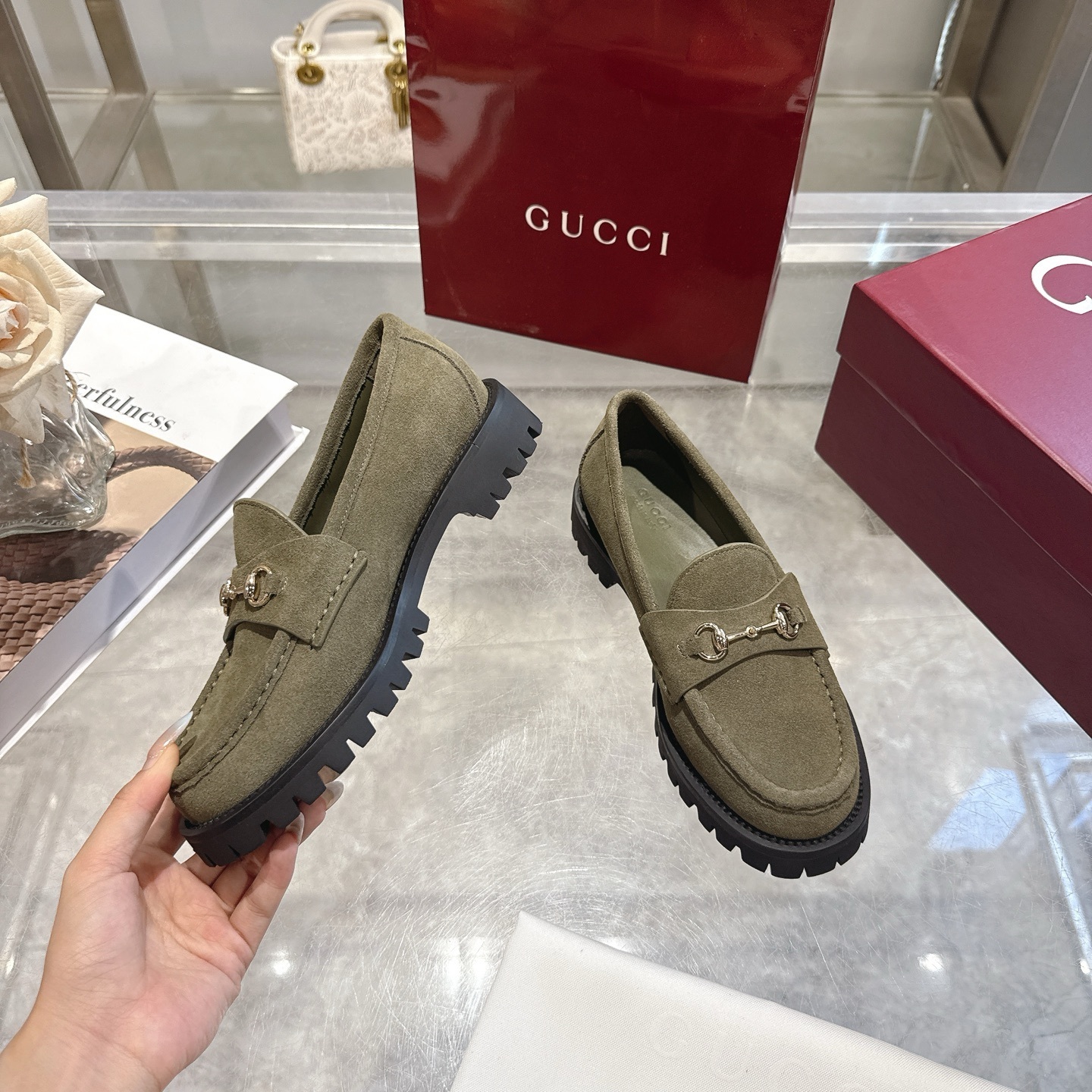 Gucci Olive Suede Lug-Sole Horsebit Loafers - Image 5
