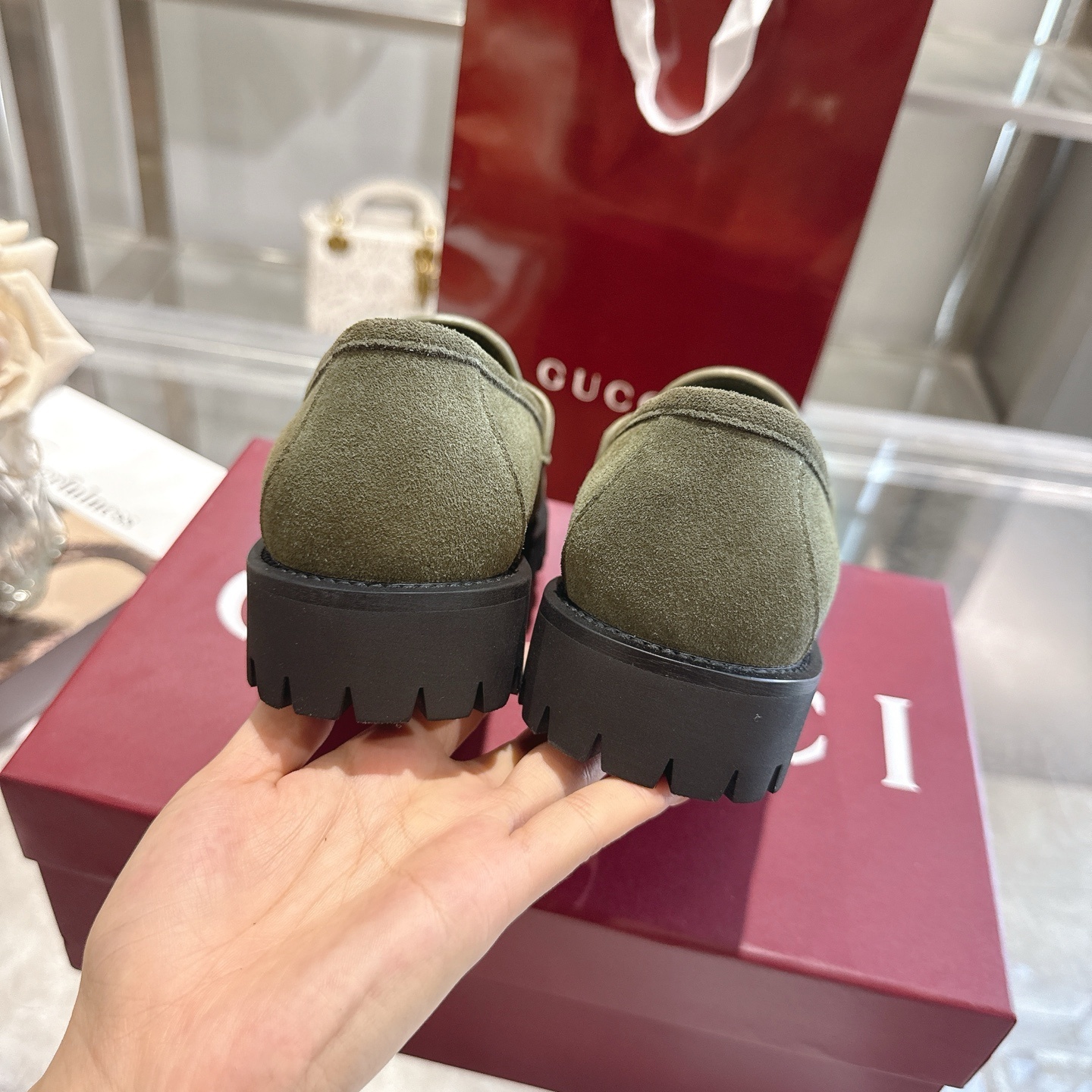 Gucci Olive Suede Lug-Sole Horsebit Loafers - Image 9