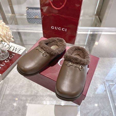 Gucci Taupe Leather Shearling Horsebit Mules