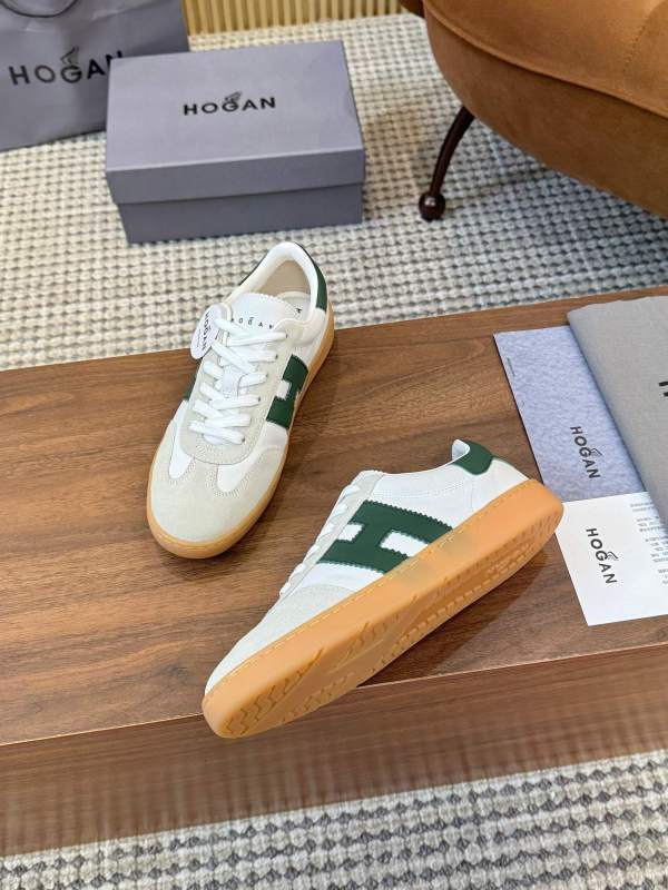 Hogan White Leather & Suede Cool Sneakers with Green ‘H’ Side Logo