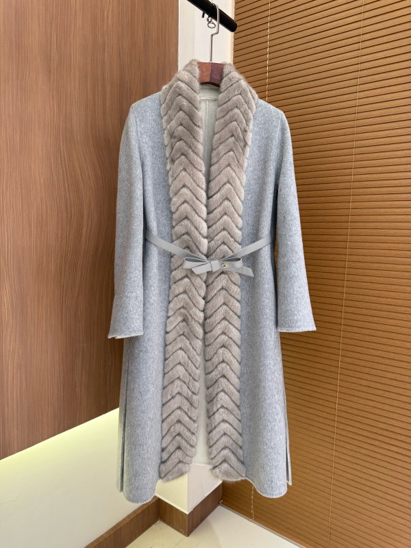 Loro Piana Cashmere Long Fur Trim Coat – Light Blue