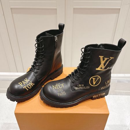 Louis Vuitton Black & Gold Graphic Leather Combat Boots