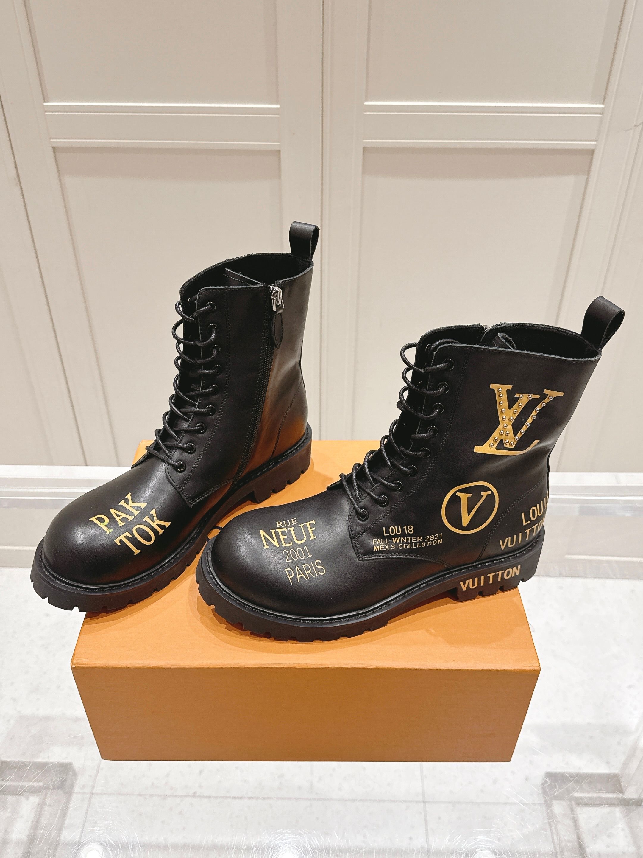 Louis Vuitton Black & Gold Graphic Leather Combat Boots