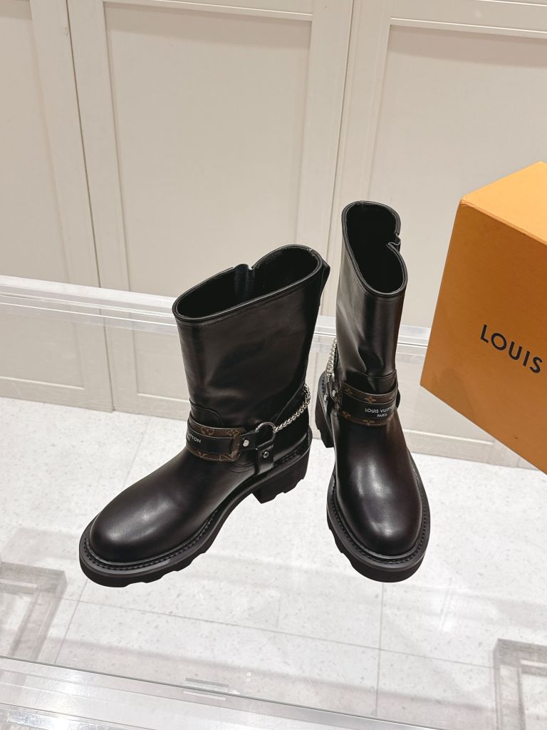 Louis Vuitton Black Leather Chain Harness Mid-Calf Boots