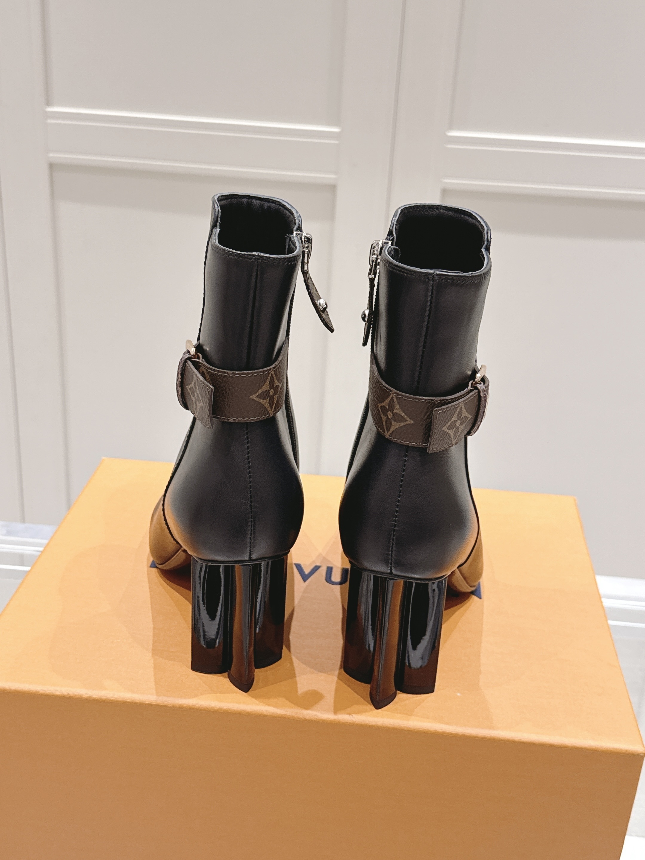 Louis Vuitton Black Leather Monogram Buckle Ankle Heels - Image 2
