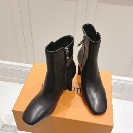 Louis Vuitton Black Leather Monogram Buckle Ankle Heels