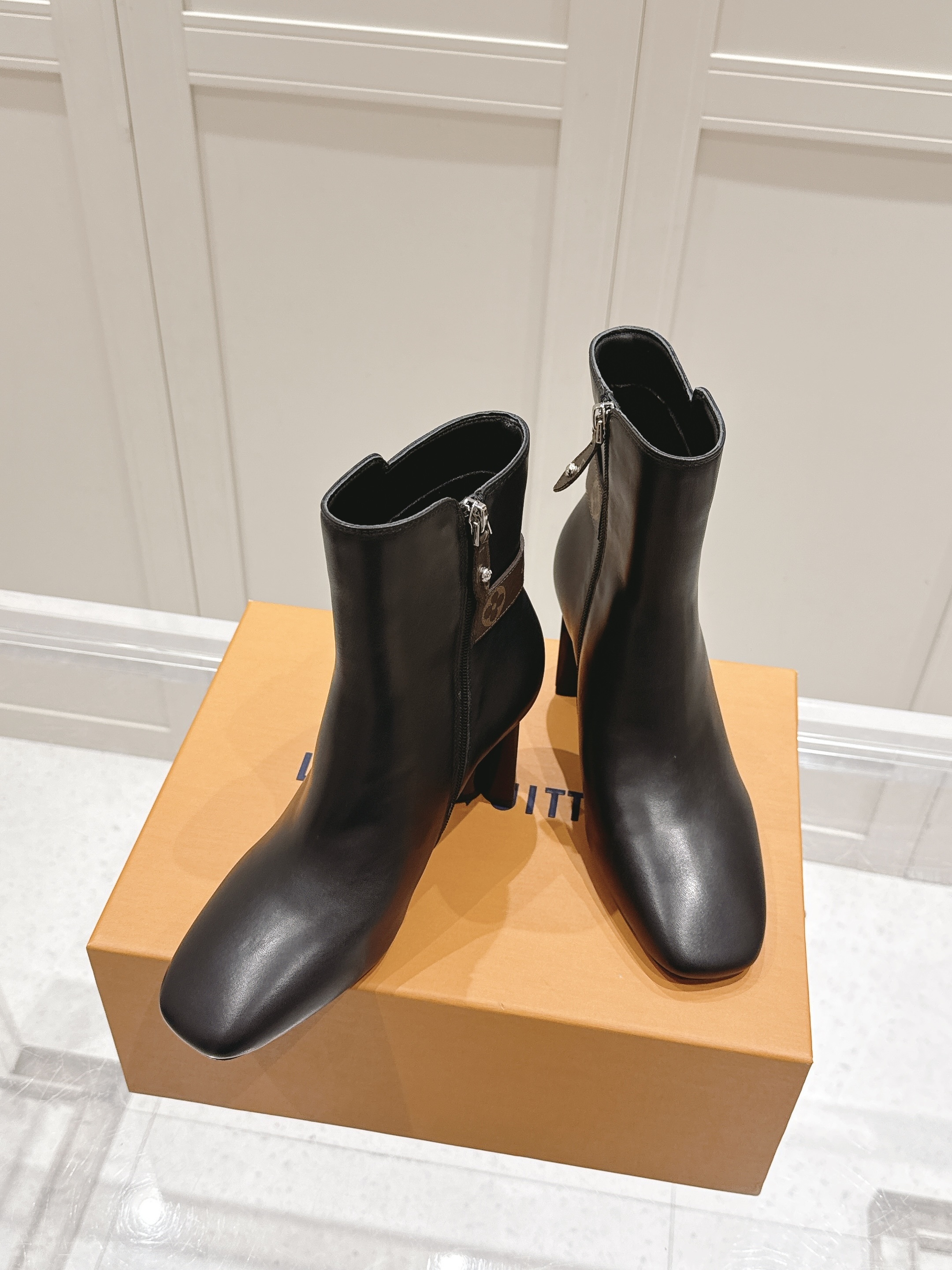 Louis Vuitton Black Leather Monogram Buckle Ankle Heels