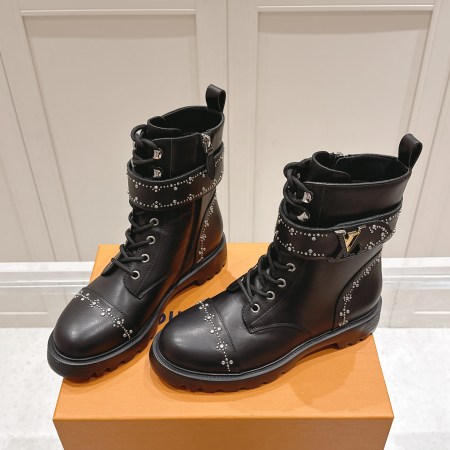 Louis Vuitton Black Leather Studded Combat Boots