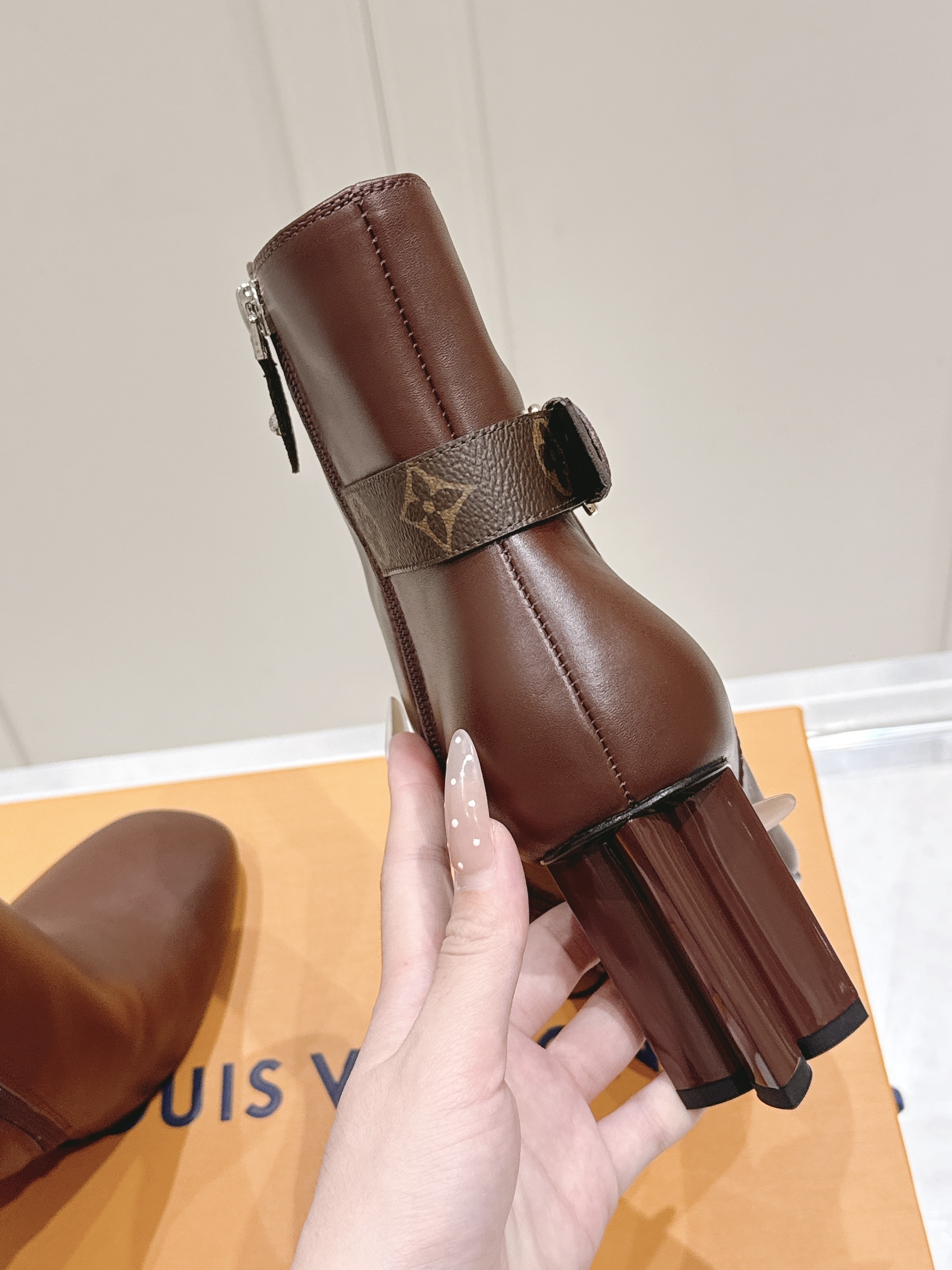 Louis Vuitton Brown Leather Monogram Buckle Ankle Heels - Image 3