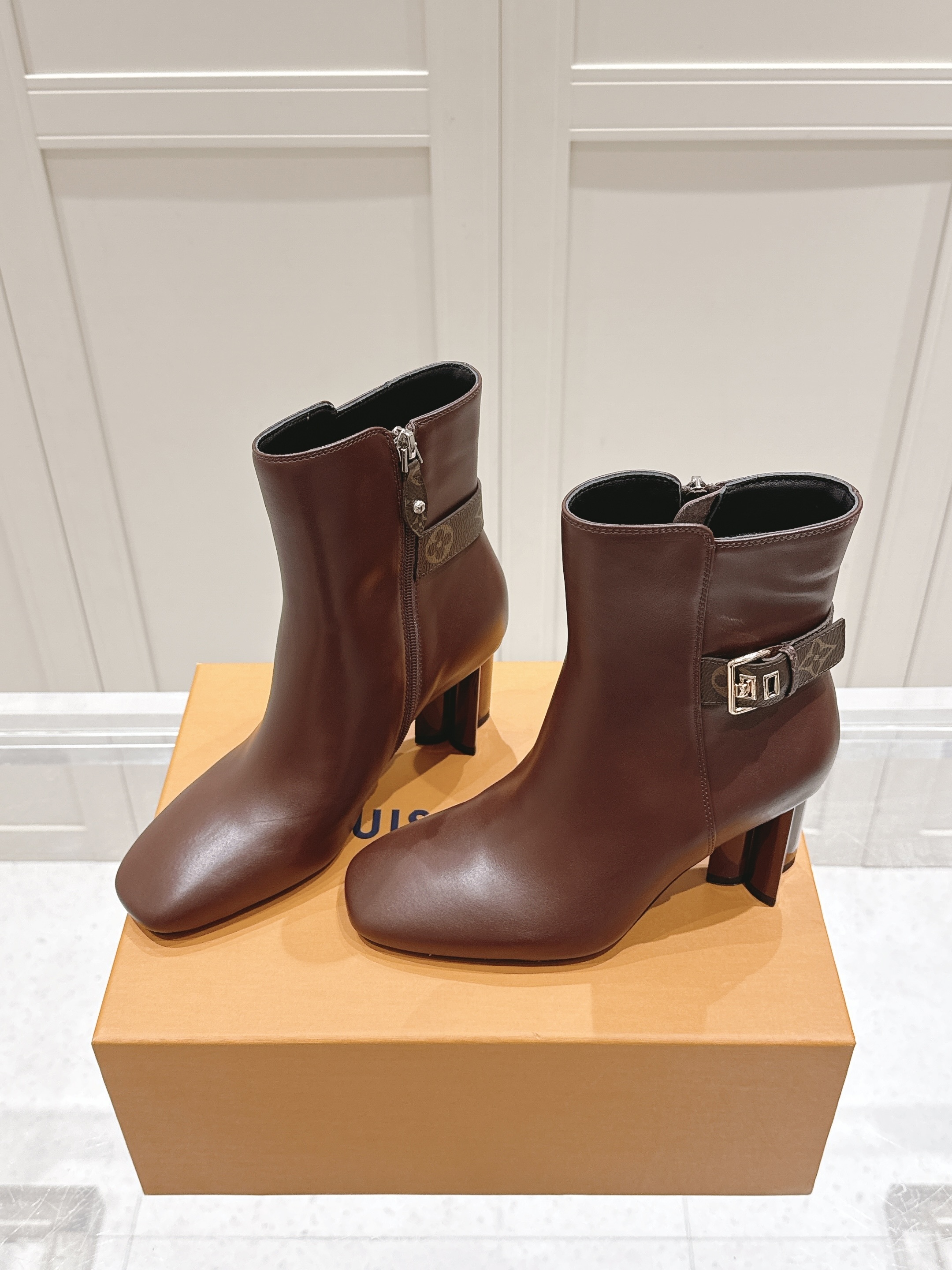 Louis Vuitton Brown Leather Monogram Buckle Ankle Heels