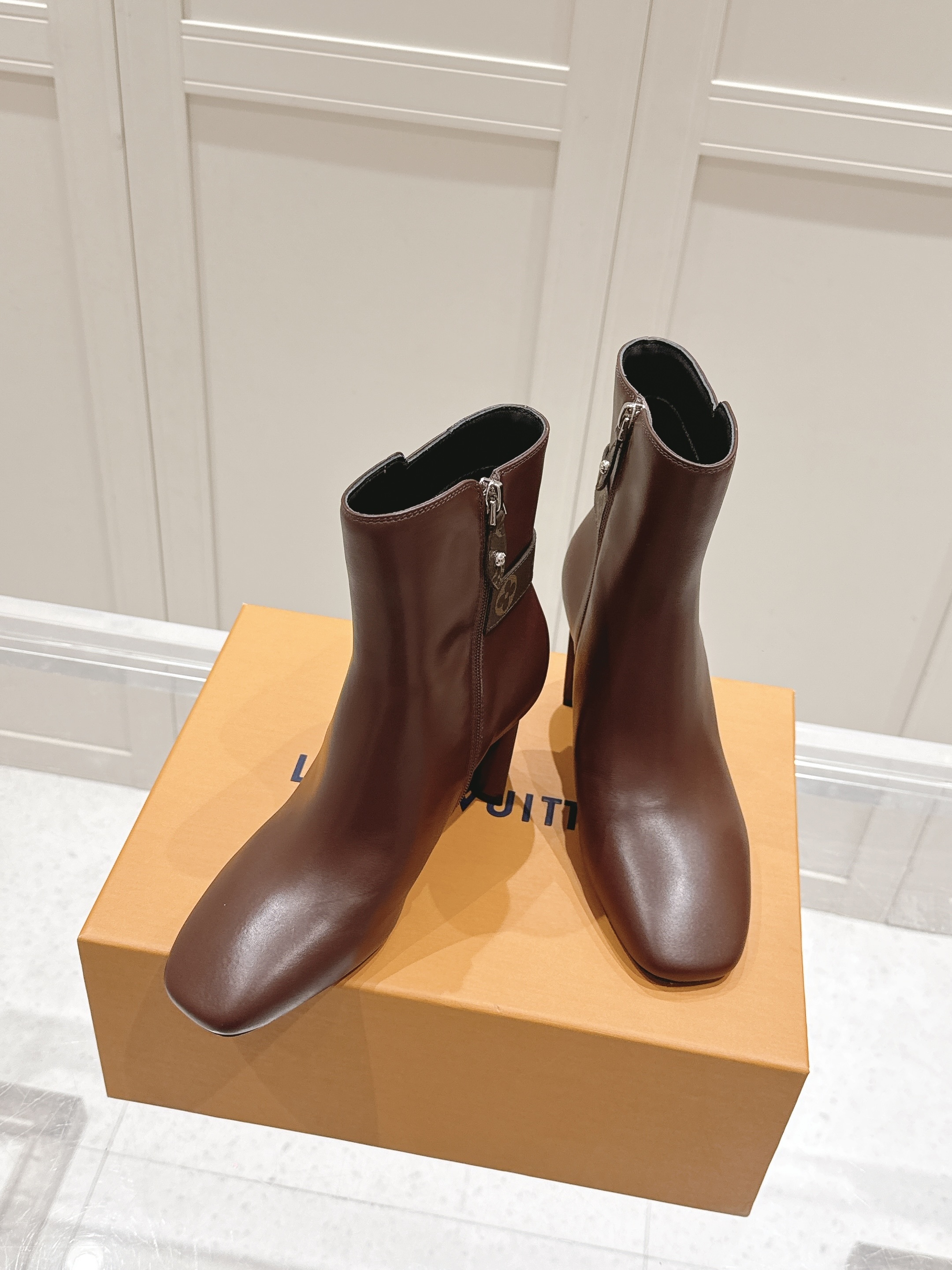 Louis Vuitton Brown Leather Monogram Buckle Ankle Heels - Image 6