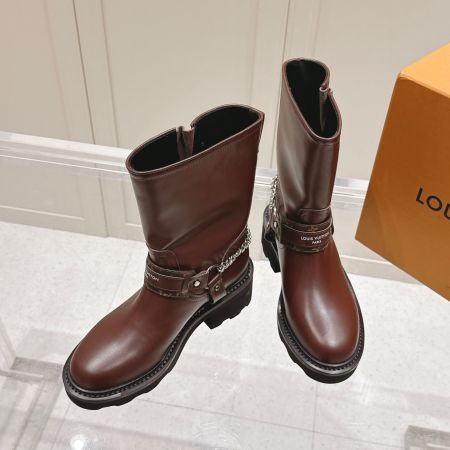 Louis Vuitton Brown Leather Chain Harness Mid-Calf Boots
