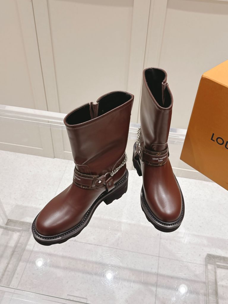 Louis Vuitton Brown Leather Chain Harness Mid-Calf Boots