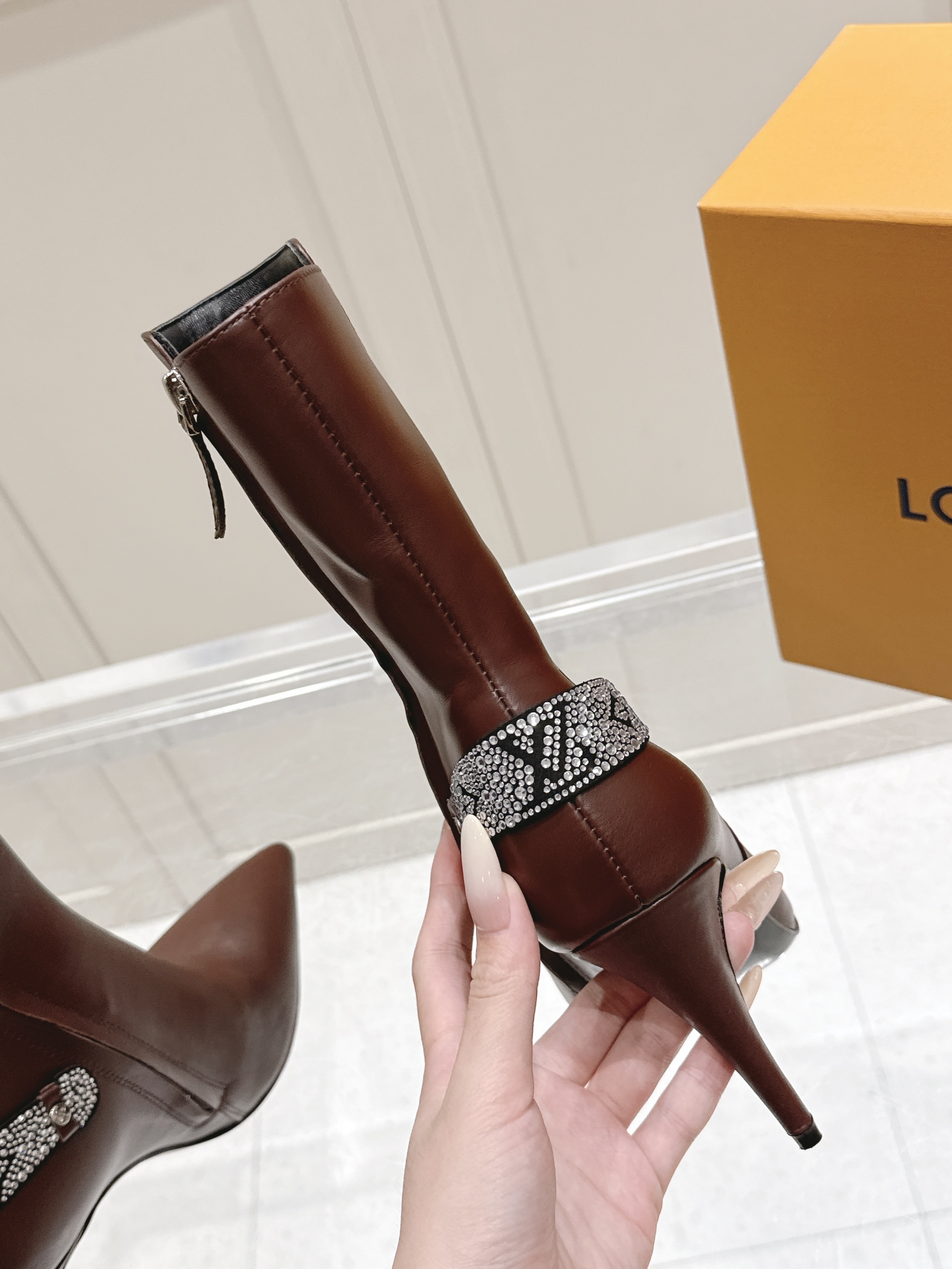 Louis Vuitton Brown Leather Crystal Ankle Heels - Image 4