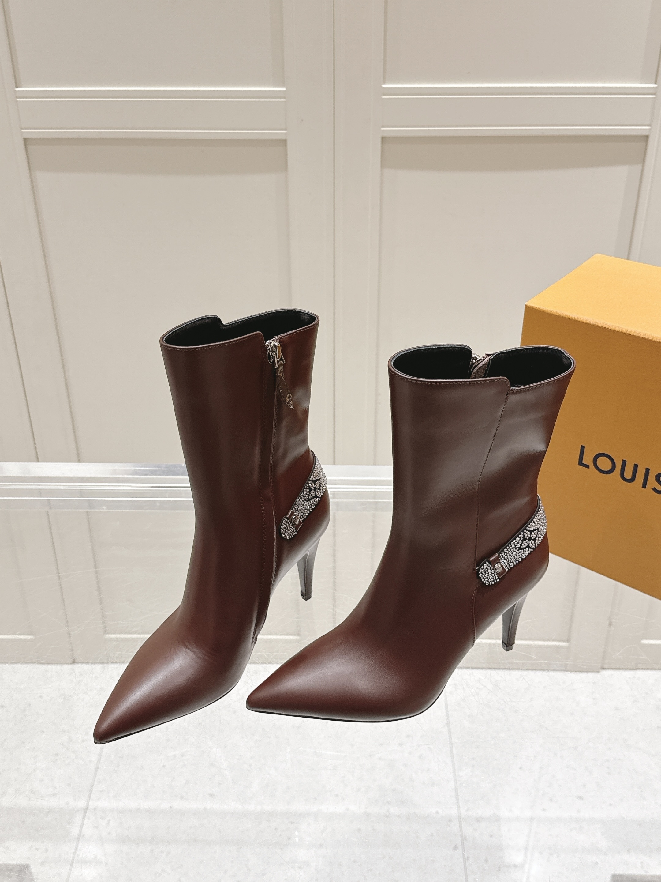 Louis Vuitton Brown Leather Crystal Ankle Heels