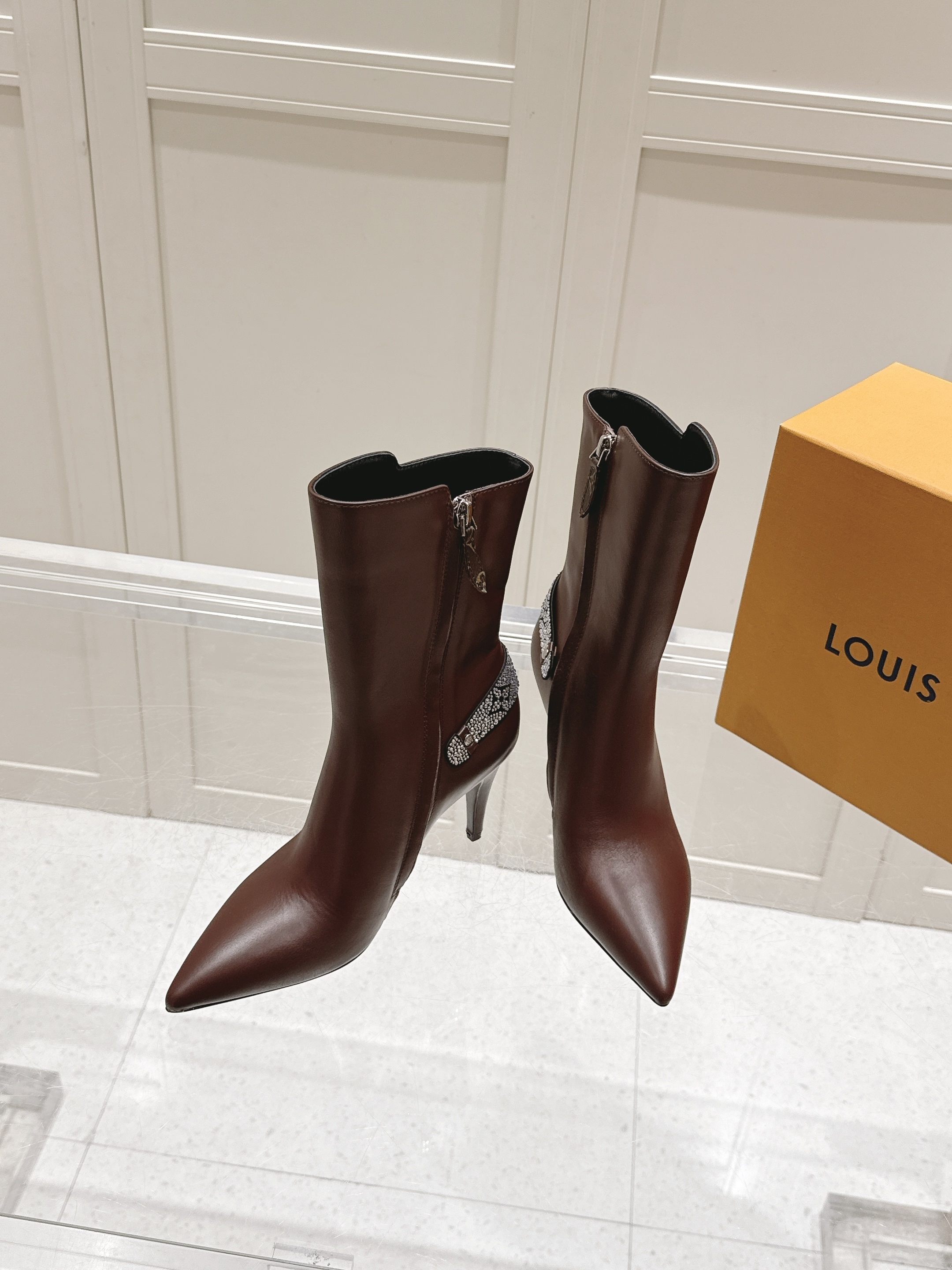 Louis Vuitton Brown Leather Crystal Ankle Heels - Image 5