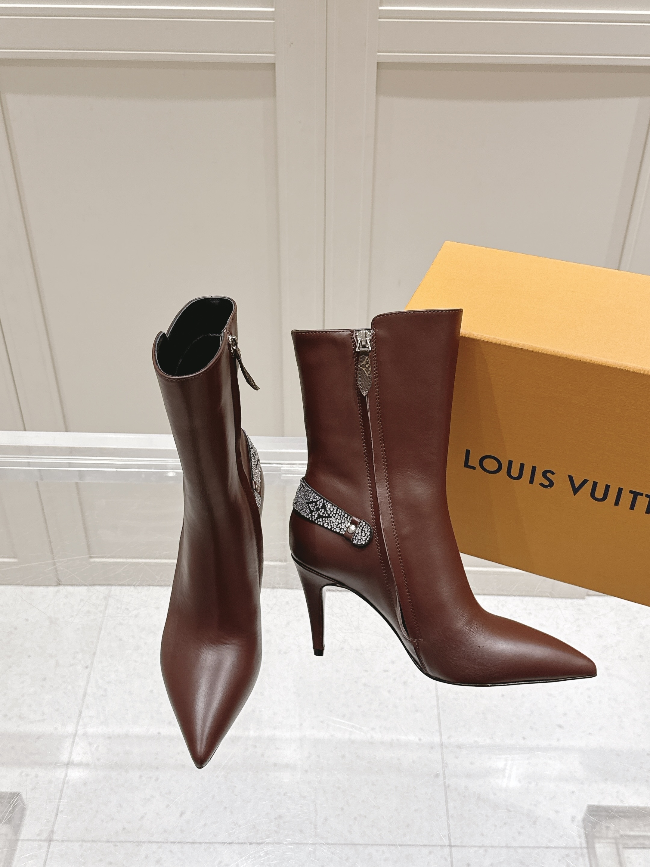 Louis Vuitton Brown Leather Crystal Ankle Heels - Image 6