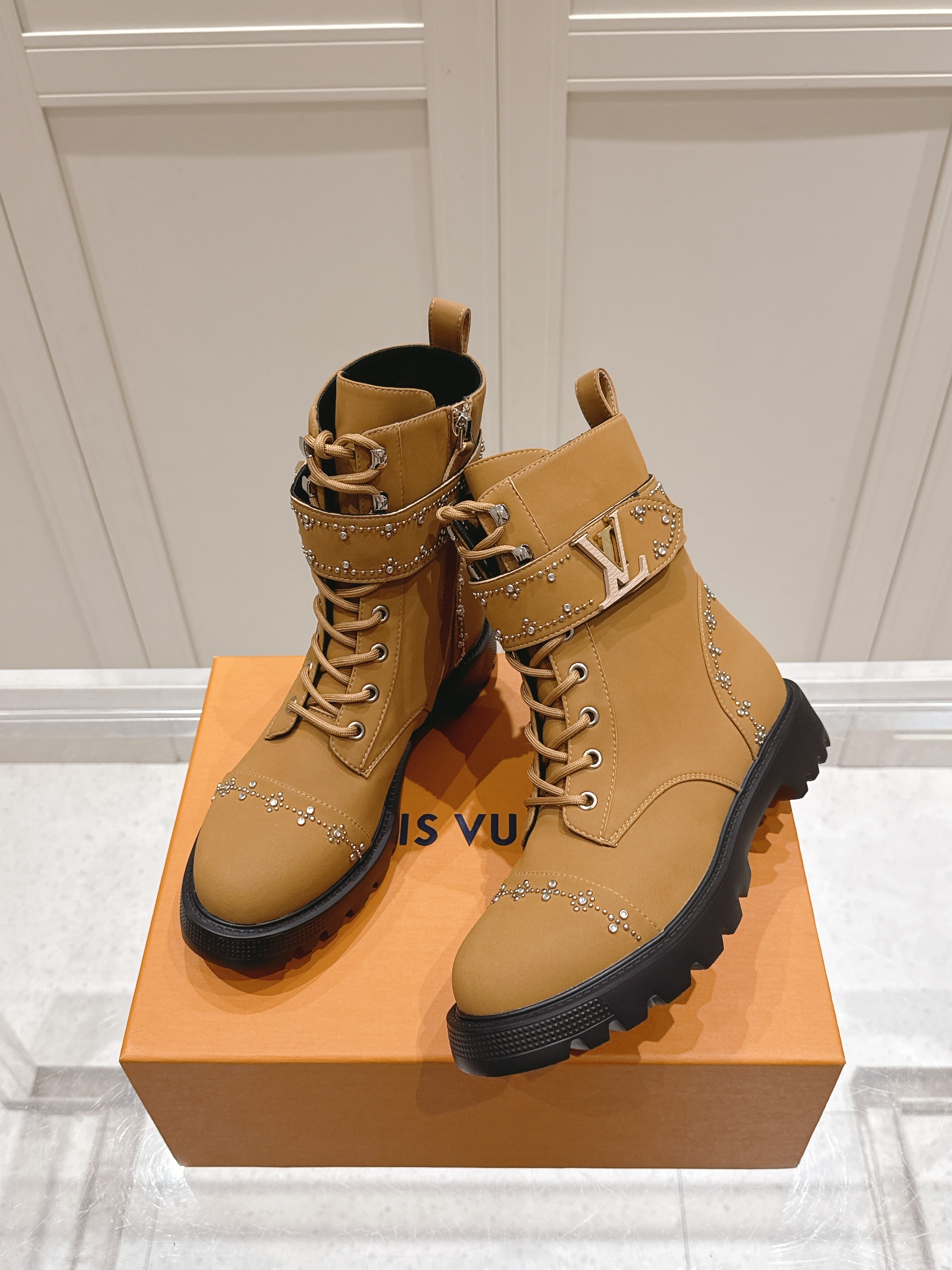 Louis Vuitton Camel Studded Combat Boots