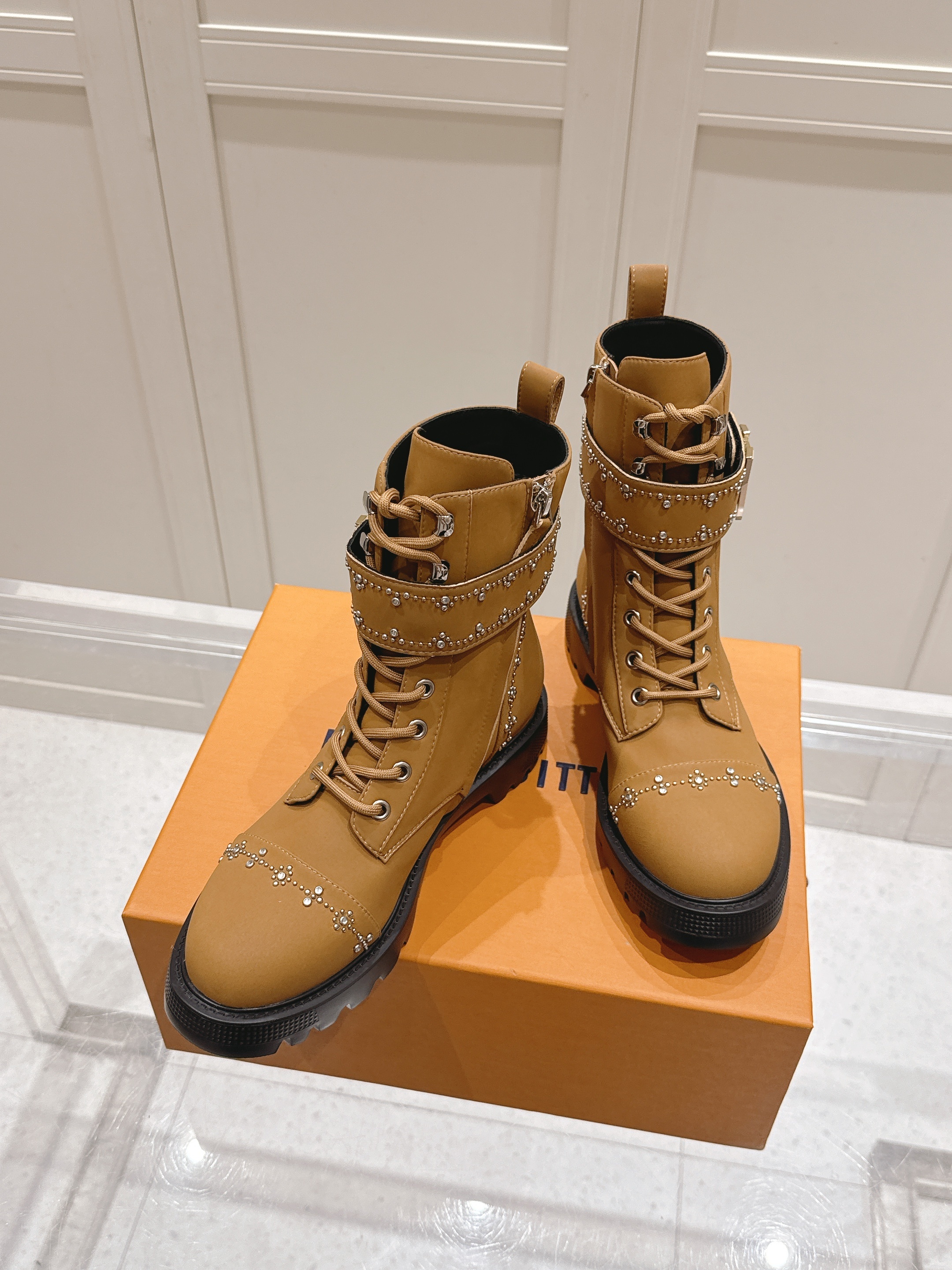 Louis Vuitton Camel Studded Combat Boots - Image 7