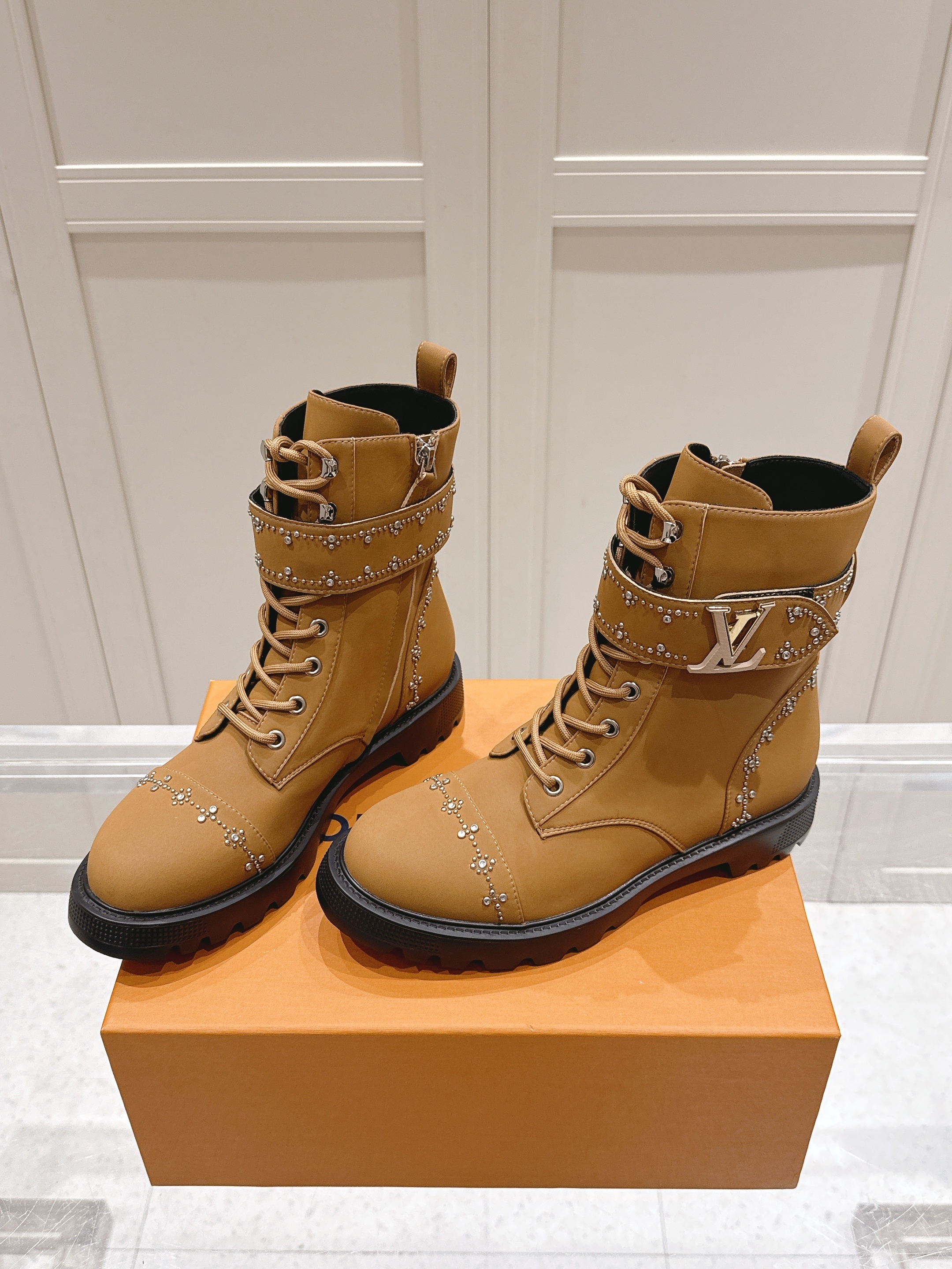 Louis Vuitton Camel Studded Combat Boots - Image 8