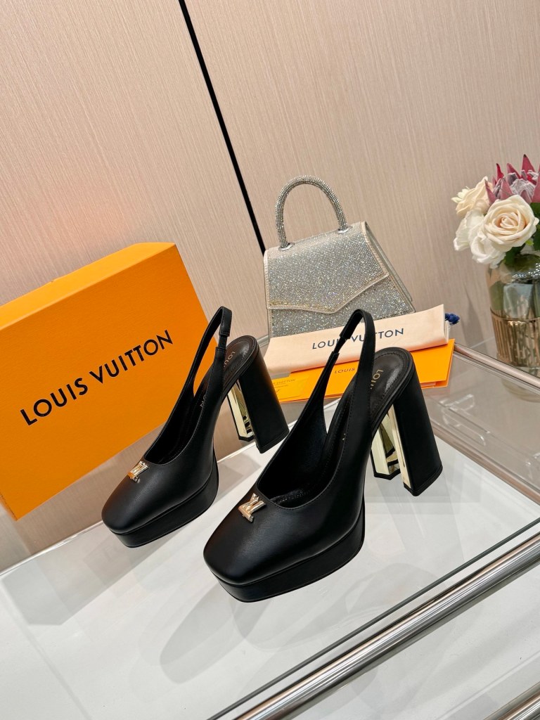 Louis Vuitton Black Calf Leather Cherie Slingback Platform Pumps