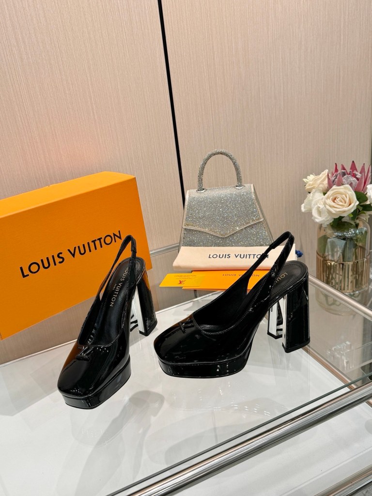 Louis Vuitton Black Patent Leather Cherie Slingback Platform Pumps