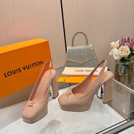 Louis Vuitton Nude Patent Leather Cherie Slingback Platform Pumps