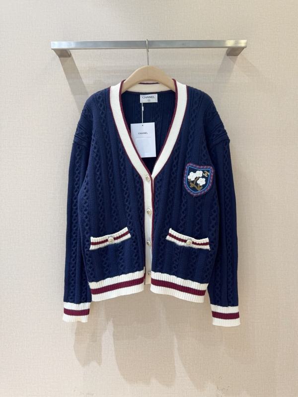 Chanel Navy V-Neck Preppy Knitted Cardigan