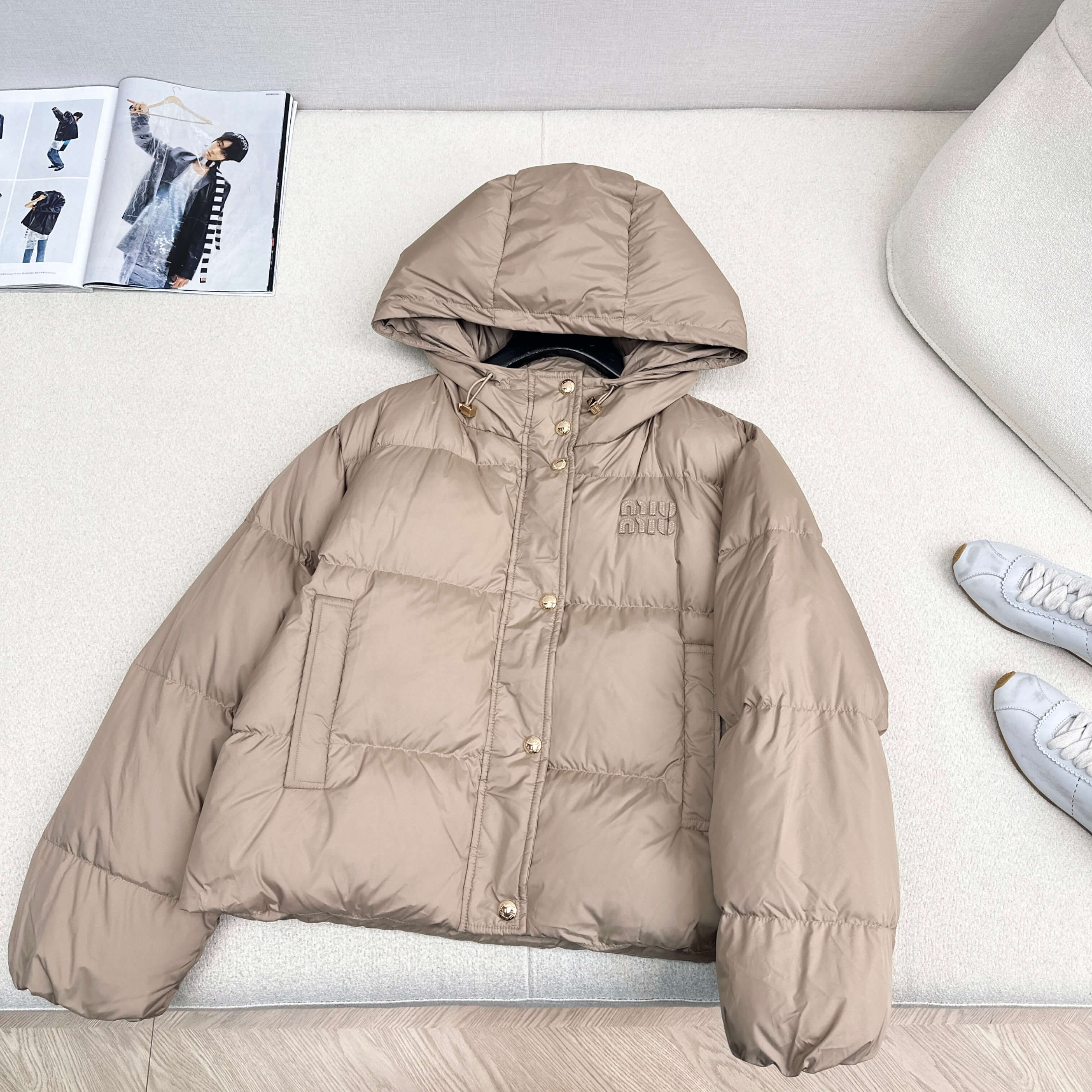 Miu Miu Hooded Puffer Women's Down Jacket- Beige