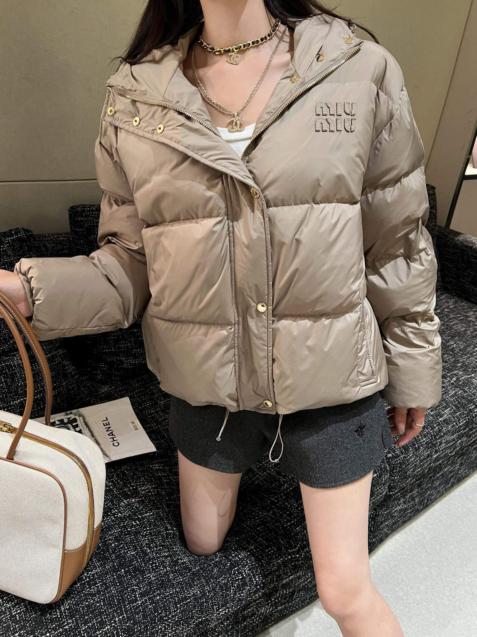 Miu Miu Hooded Puffer Women's Down Jacket- Beige - Image 12