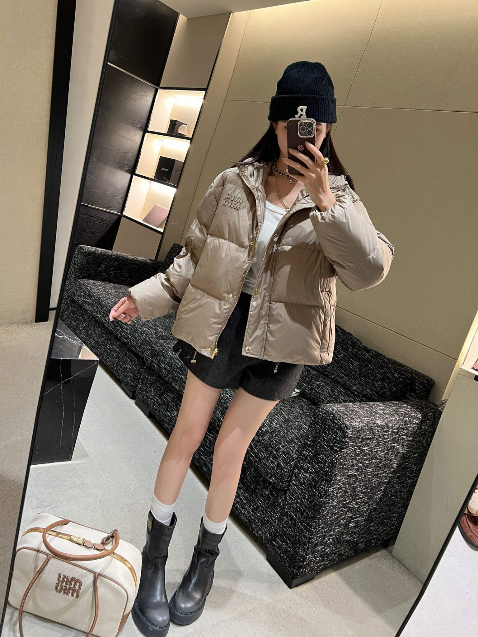 Miu Miu Hooded Puffer Women's Down Jacket- Beige - Image 9