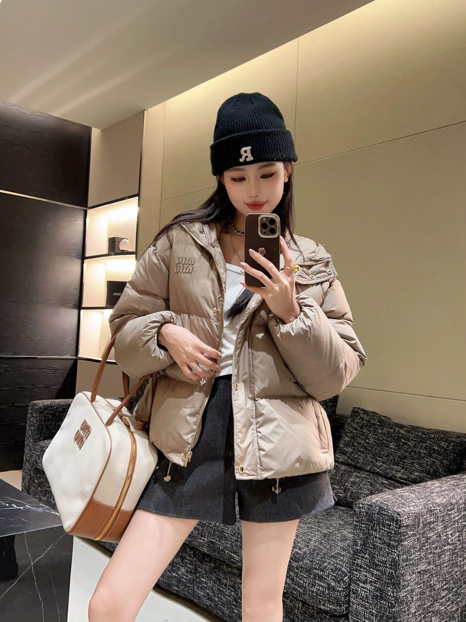 Miu Miu Hooded Puffer Women's Down Jacket- Beige - Image 10