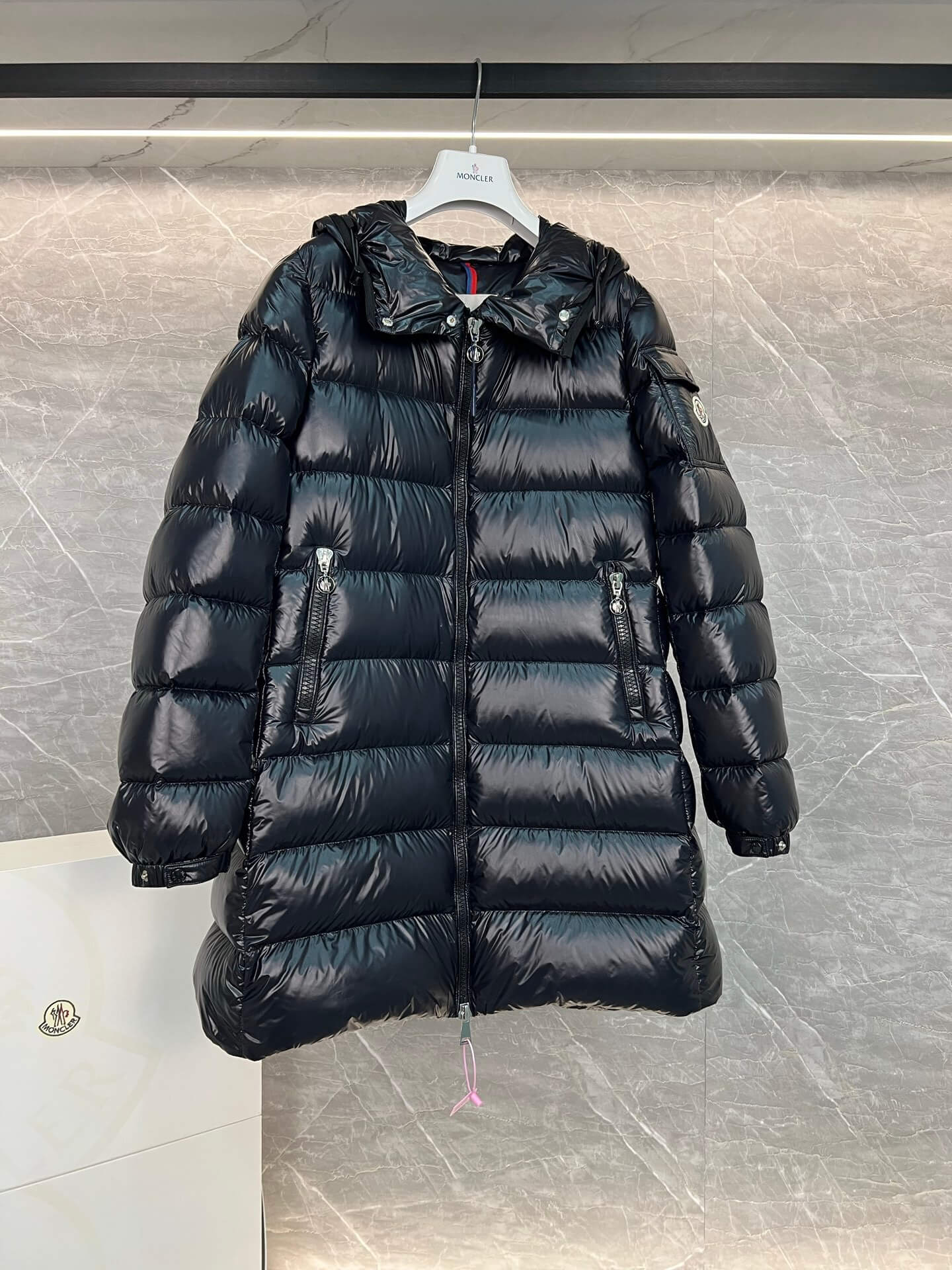 Moncler Courcelles Hooded Mid-Length Down Jacket- Black - Image 3