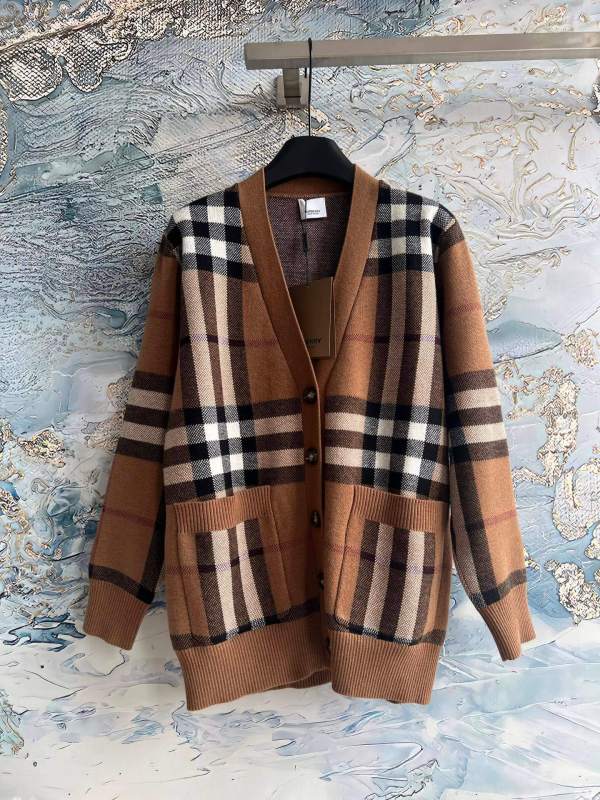 Burberry Exploded Check V-Neck Cardigan with Patch Pockets
