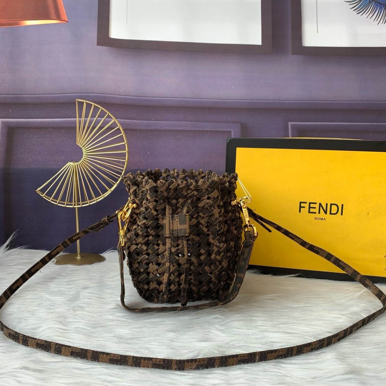 Fendi–Style Zucca Monogram Macramé Bucket Bag with Shoulder Strap – Brown