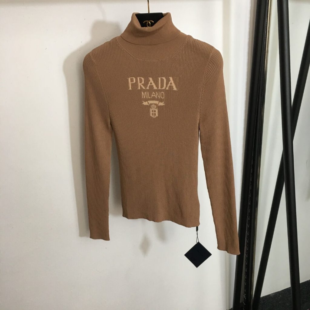 Prada Coffee High-Neck Logo Knit Base Layer
