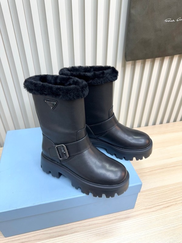Prada Black Brushed Leather Shearling Boots