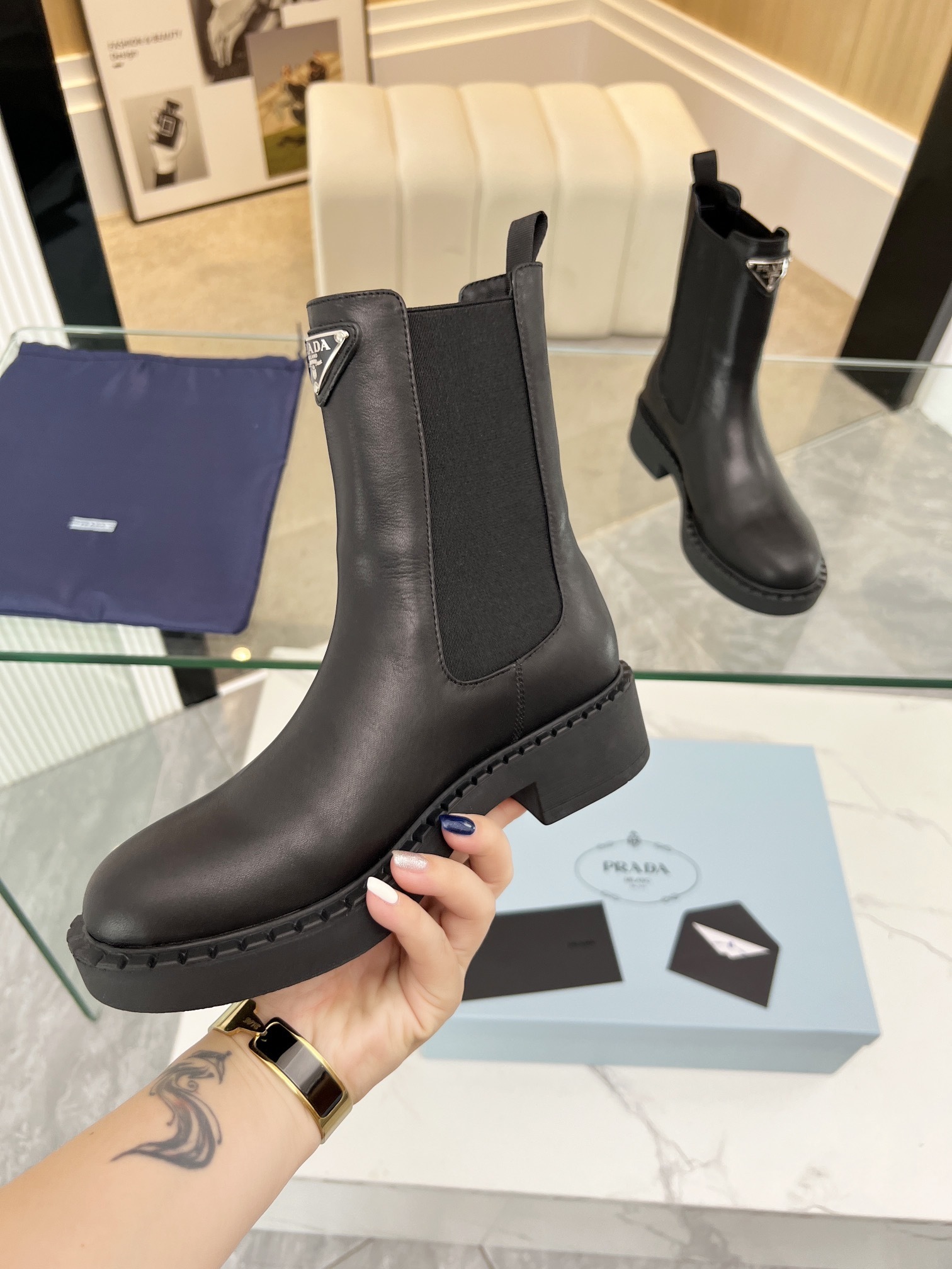 Prada Black Leather Logo Chelsea Boots - Image 2