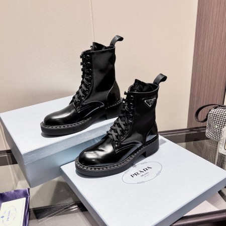 Prada Black Leather & Nylon Lace-Up Combat Boots