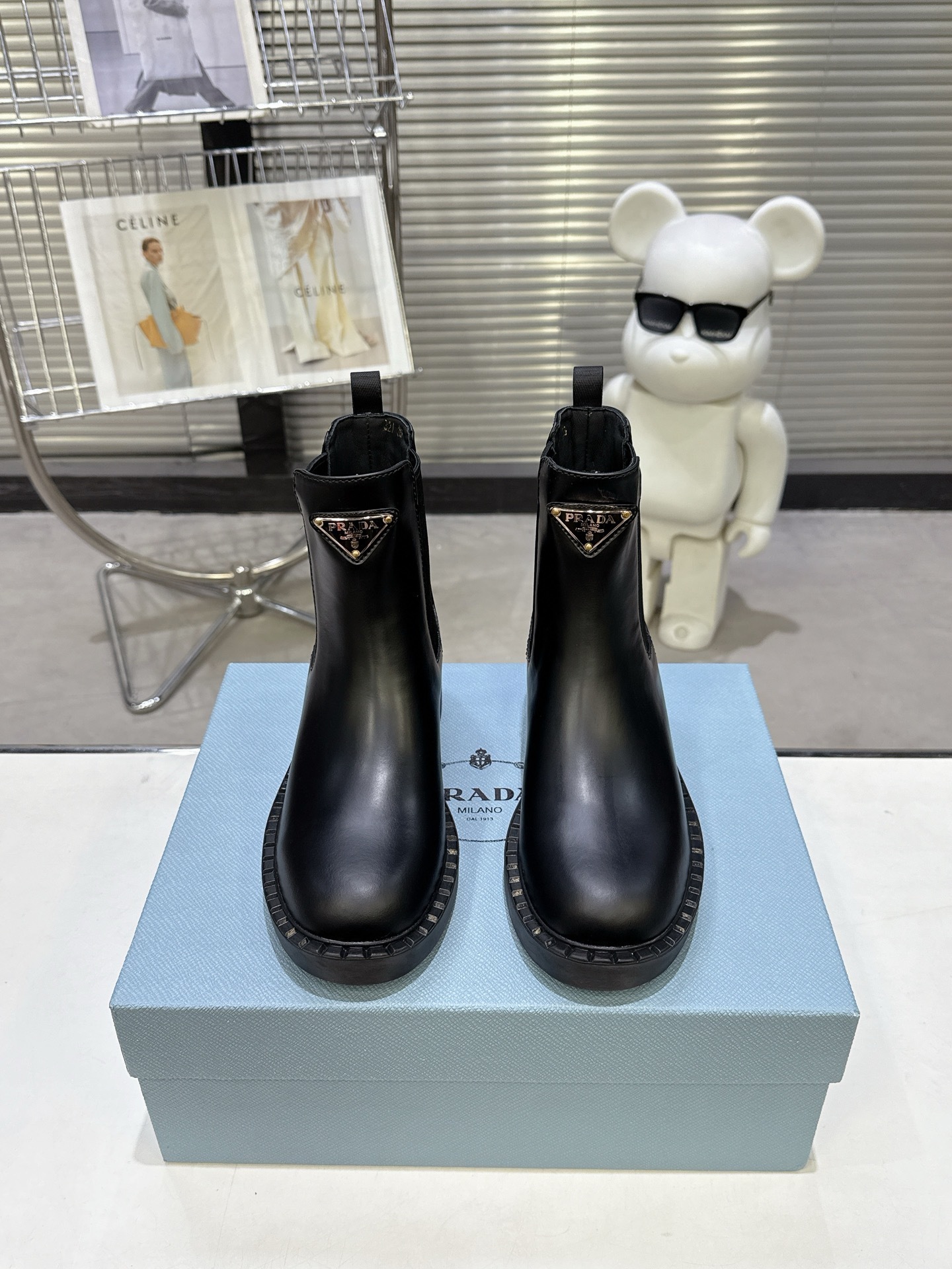 Prada Black Leather Triangle Logo Chelsea Boots - Image 2