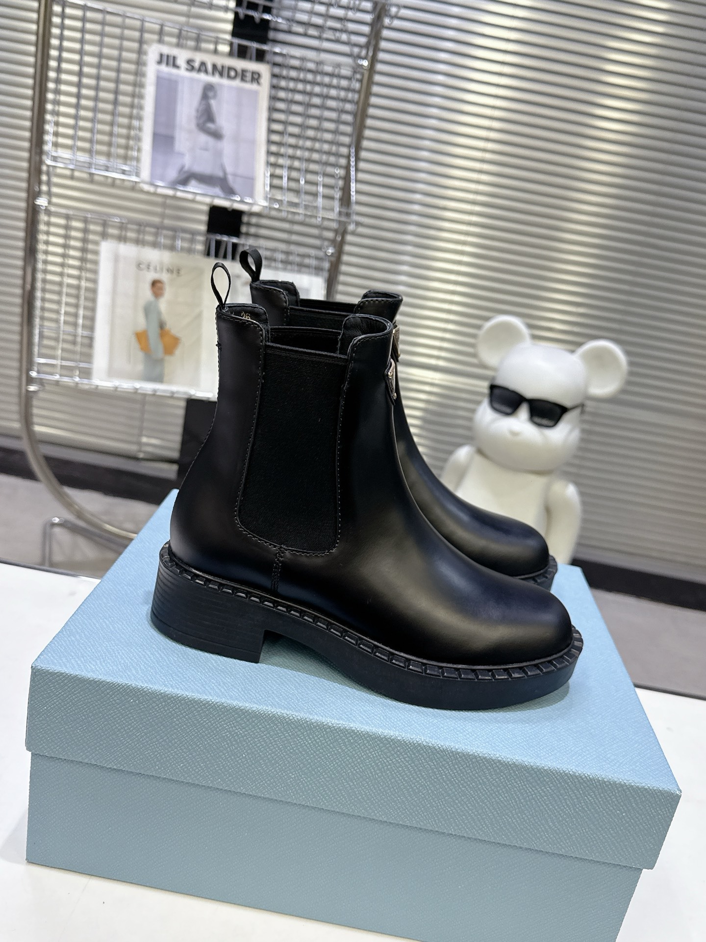 Prada Black Leather Triangle Logo Chelsea Boots - Image 3