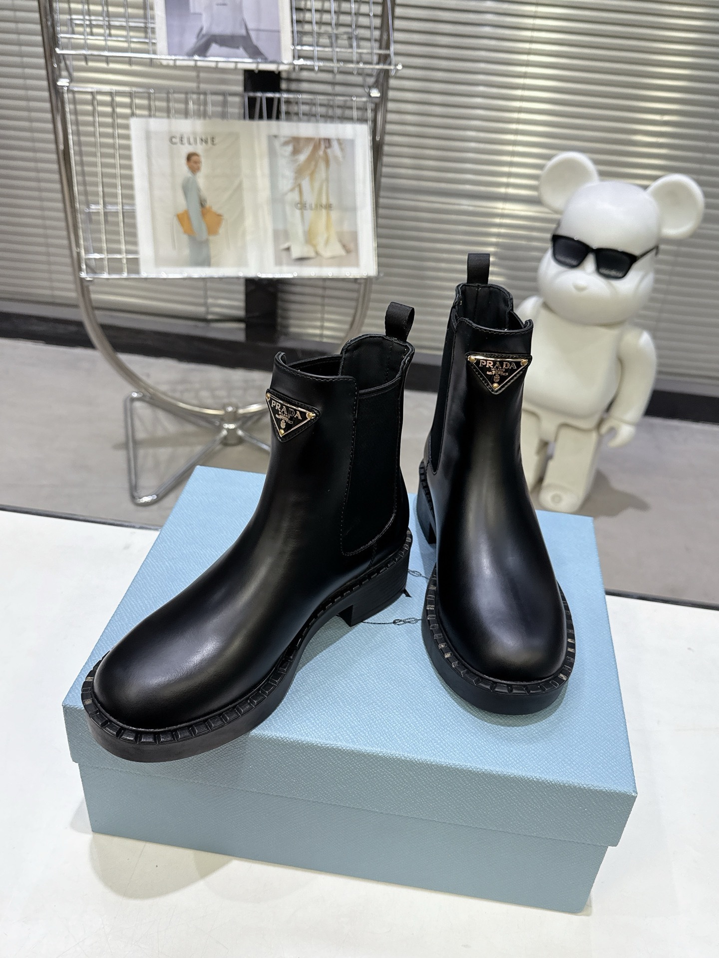 Prada Black Leather Triangle Logo Chelsea Boots - Image 4